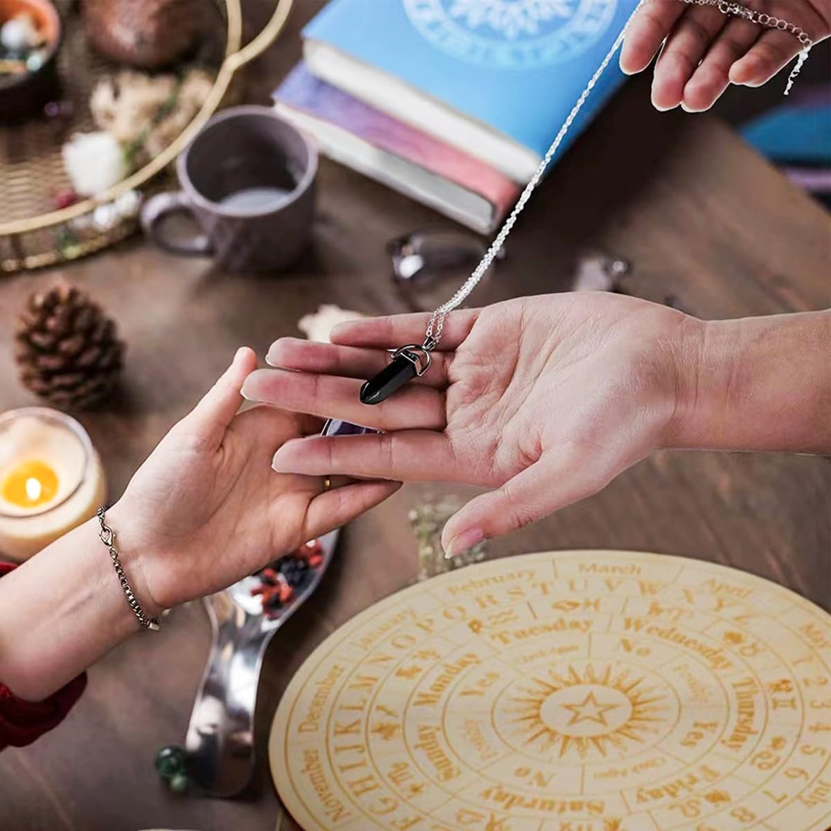 Tavola del Pendolo in Legno Stella 25 cm Tabella divinazione con Collana di Cristallo con Bacchetta da rabdomante Divinazione Metafisica Bacheca messaggi Kit Stregoneria Accessorio Wiccan