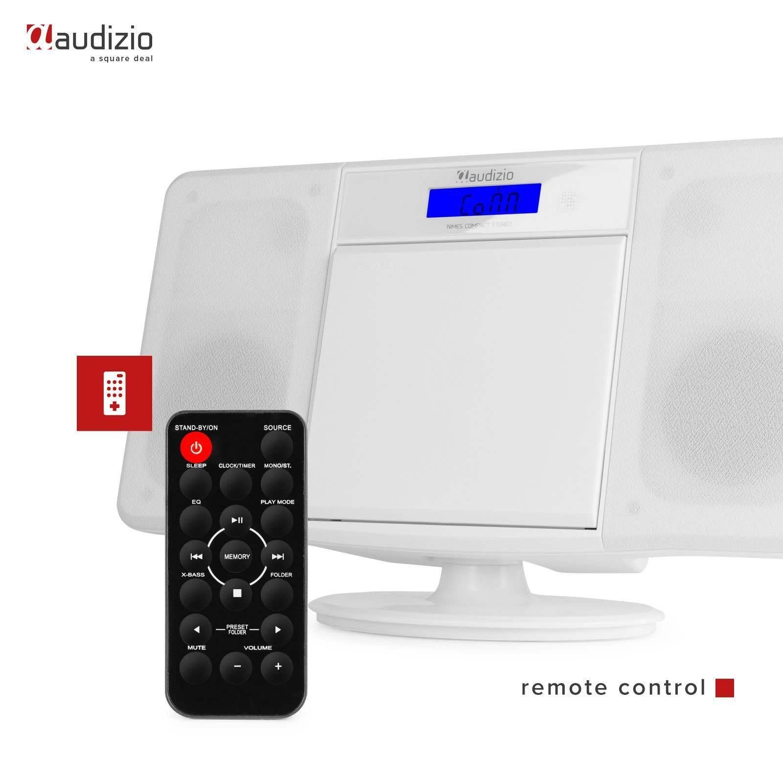 Audizio Nimes Home Sistema estéreo HiFi con Bluetooth, Reproductor de CD, MP3 USB, sintonizador de Radio FM, Incluye Mando a Distancia, X-Bass, Conexion de Auriculares - Blanco