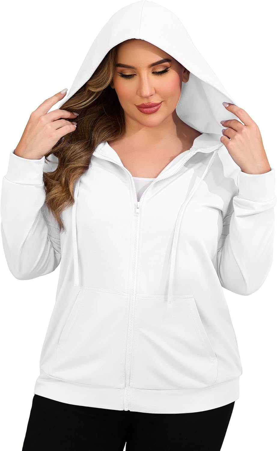 FOREYOND Plus Size Zip Up Hoodies for Women Lightweight Jacket Sweatshirts with Pockets Fashion Casual Tops