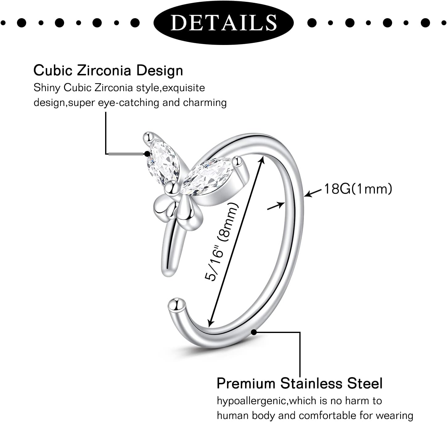 Anicina Nose Rings - 18G Hoops & Studs Piercing Kit - Surgical Steel - L Shape - CZ Heart & Moon Piercings - Silver, Gold, Rose Gold