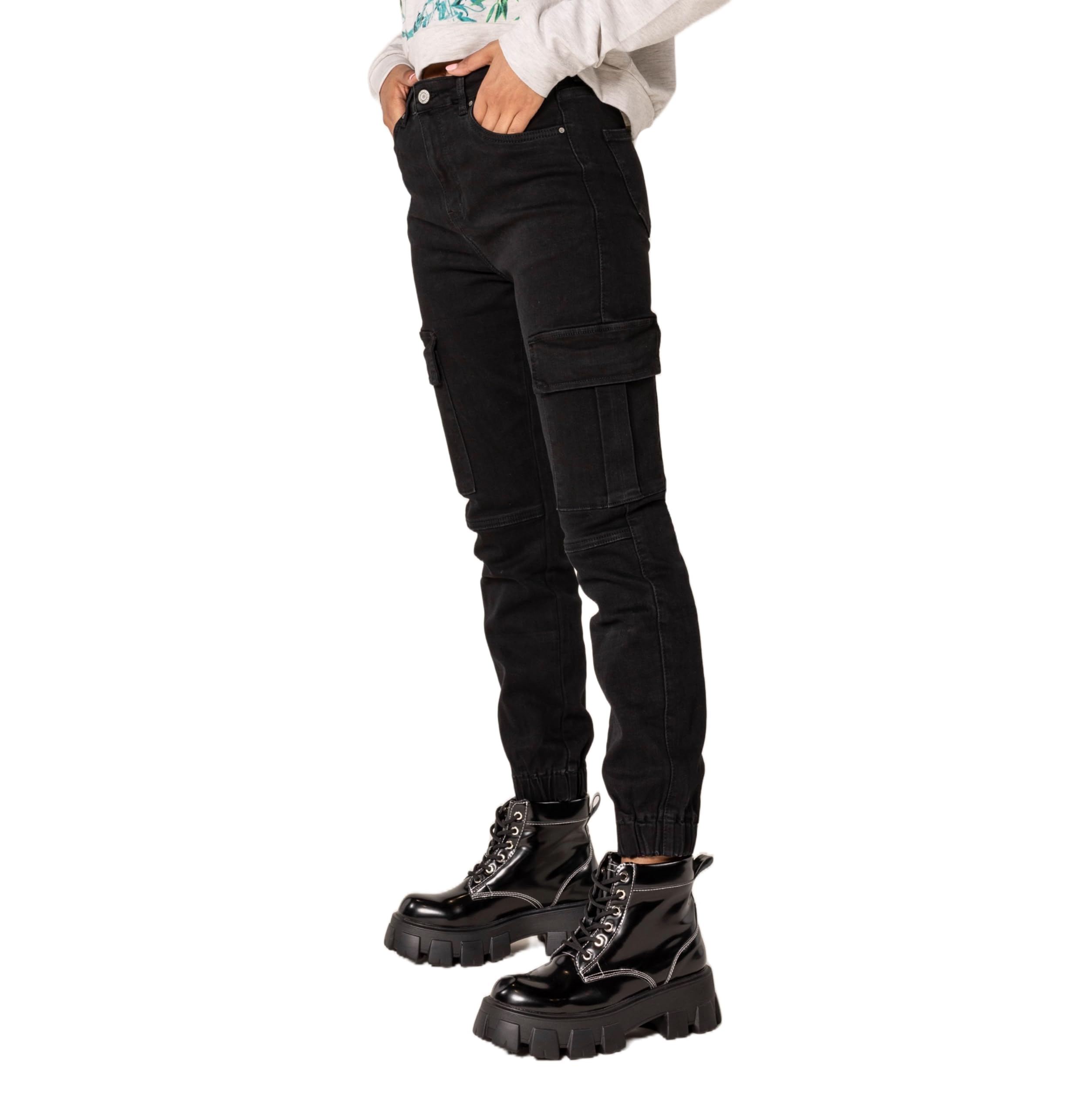 Nina Carter P219 Damen Cargo Jeans High Waist Relaxed Fit Jeanshosen Elastischen Beinabschlüssen Used-Look
