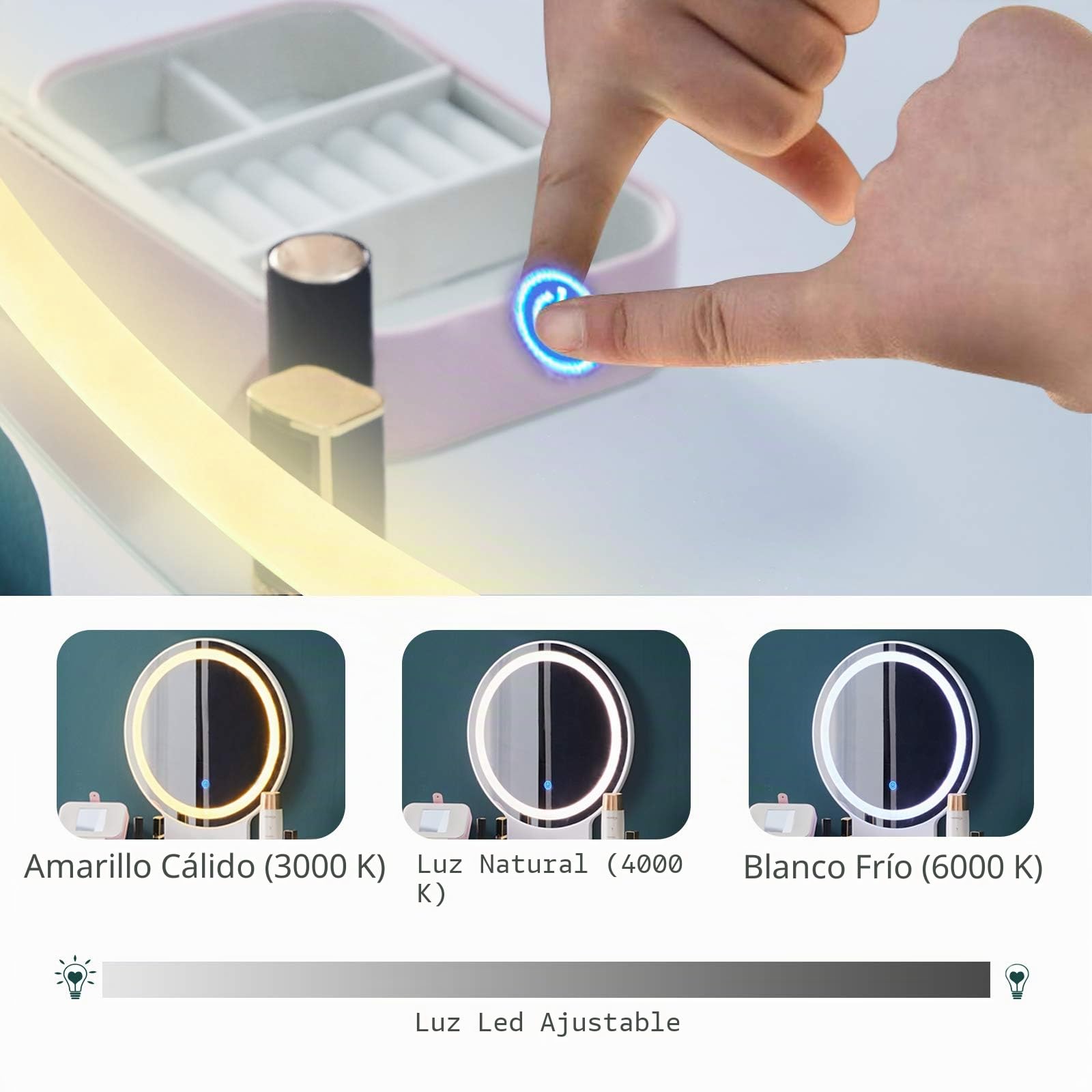 TUKAILAi Tocador Blanco con LED de Brillo Ajustable, Luces táctiles, Espejo, Taburete y 2 cajones, Juego de tocador, Mesa de Maquillaje, cosméticos, tocador, Muebles de Dormitorio