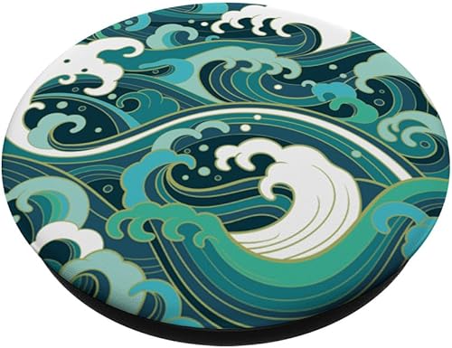 Miniatura 2 de Ocean Wave Surf Playa Arte Japonés Azul Verde  PopSockets Grip y soporte para teléfonos y tabletas, Negro