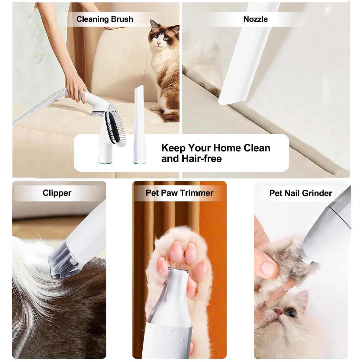 Kit de aseo y limpieza de mascotas con aspiradora de bajo ruido, cortaúñas, cepillo para desprendimiento y limpiador de patas para uso doméstico