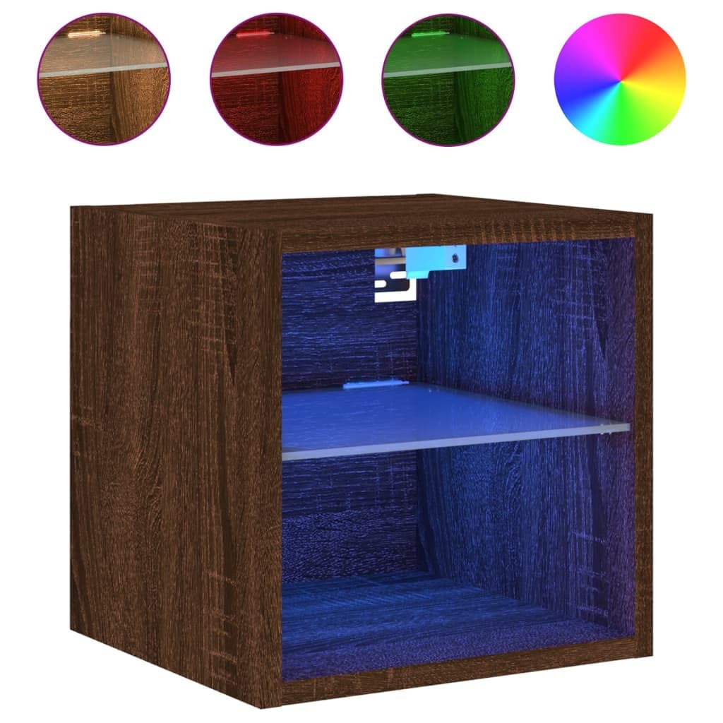 Ścienne szafki TV z LED RGB, 2 szt., brązowy dąb, 30x28,5x30 cm, wiszące z szklaną półką do przechowywania, do salonu lub sypialni