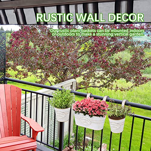 Image of PerGar 3 Pack Metal Railing Planter Box Outdoor, 10.6 inch Hanging Flower Pots with Detachable Hooks & Drainage Holes, Rail Planter Boxes for Balcony Deck Porch Fence Garden Home Decoration, White