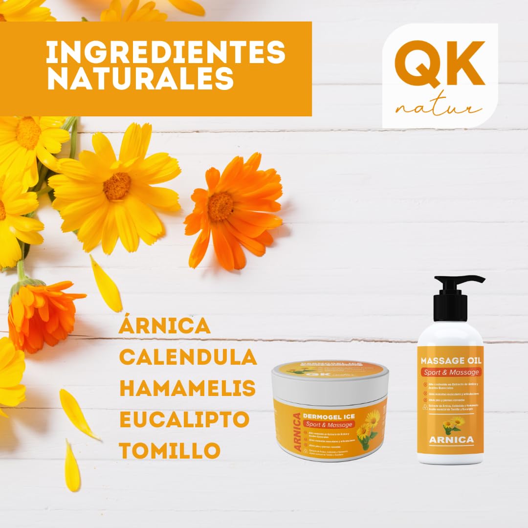 QKnatur - Aceite para masaje con extracto de Arnica, Calendula y Hamamelis (250 ml) - Ideal para masajes en musculos, espalda, hombro, pies, rodilla, contracturas - Rápida Absorción