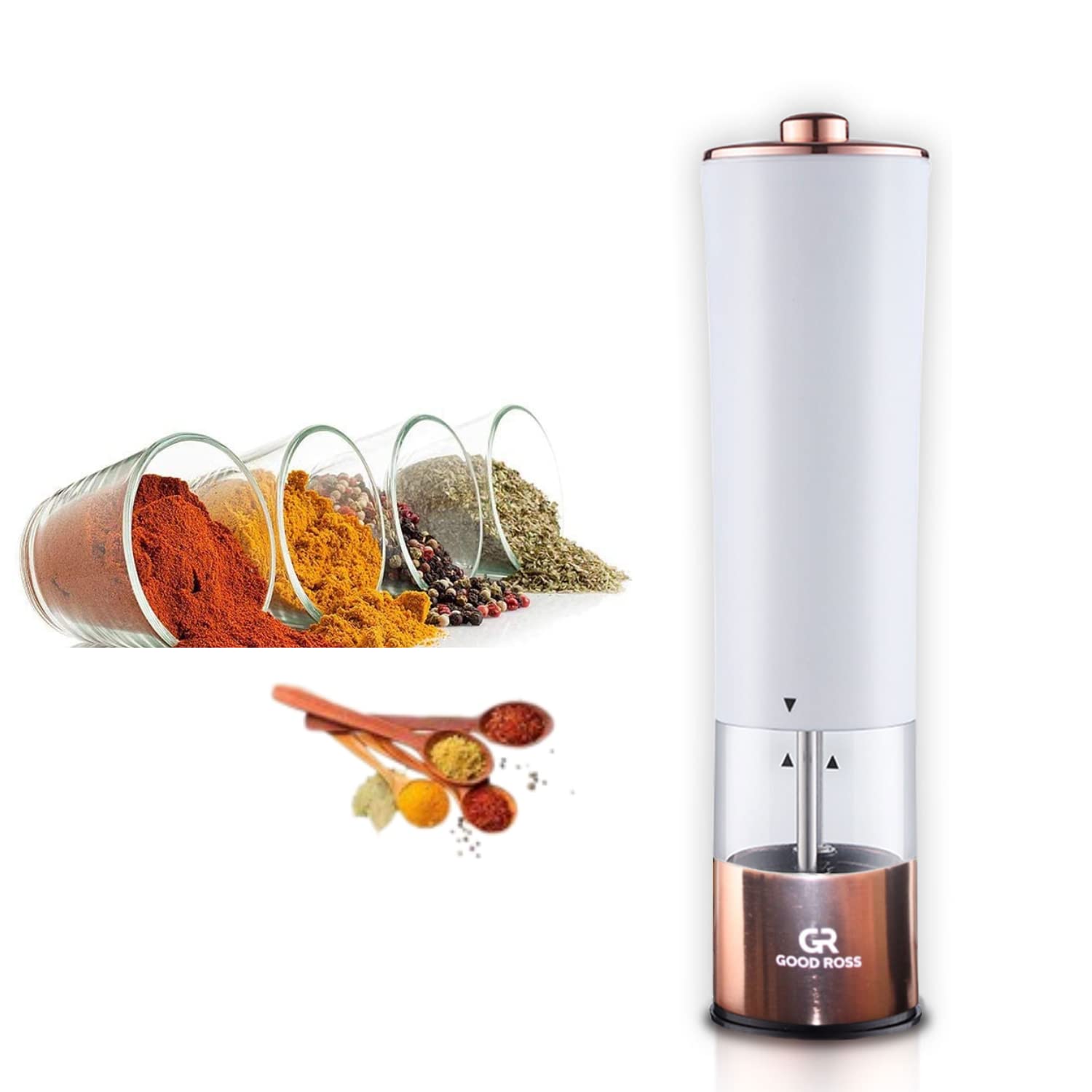 Electric salt and pepper grinder 1 PCS. Battery-Operated with Adjustable Coarseness. Pepper mill with LED Light. Single hand operation. Automatic Salt And Pepper Shakers (WHITE)