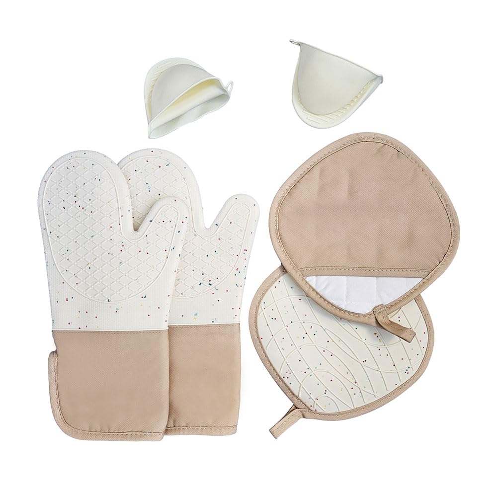 6-Piece Set Silicone Oven Mitts Cooking BBQ Gloves Non-Slip Heat Resistant Soft Cotton Lining Washable Baking Gloves Beige
