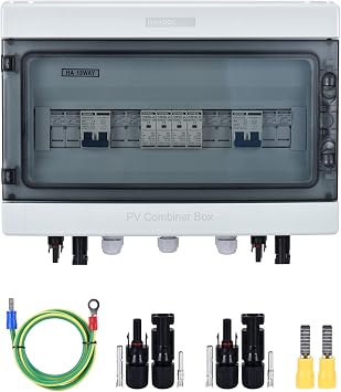 DIHOOL PV Solar Combiner Box with Lightning Surge Protector Arrester, 4 String 4 in 2 Out, 25A 500V DC Breaker Fuse Inline Box for 4 Arrays and 2 Inverters