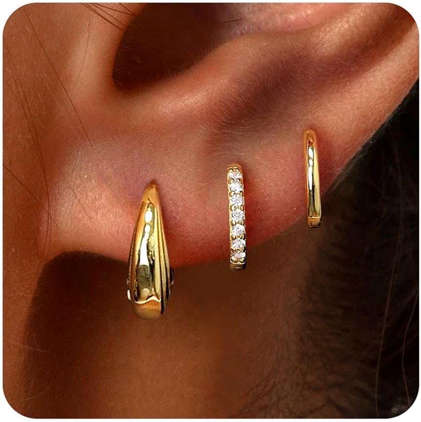 POXTEXJEWELRY Small Sterling Silver Huggie Hoop Earrings Set for Women - Hypoallergenic 14K Gold Filled Mini Hoops, Lightweight Stackable Cartilage Studs, Trendy Gift