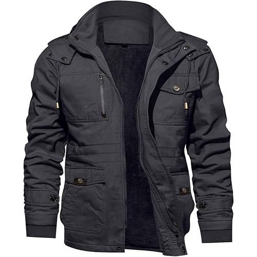 TACVASEN Men's Winter Jacket Cotton Military Jackets Fleece Lined Thick Work Warm Cargo Coats with Hooded