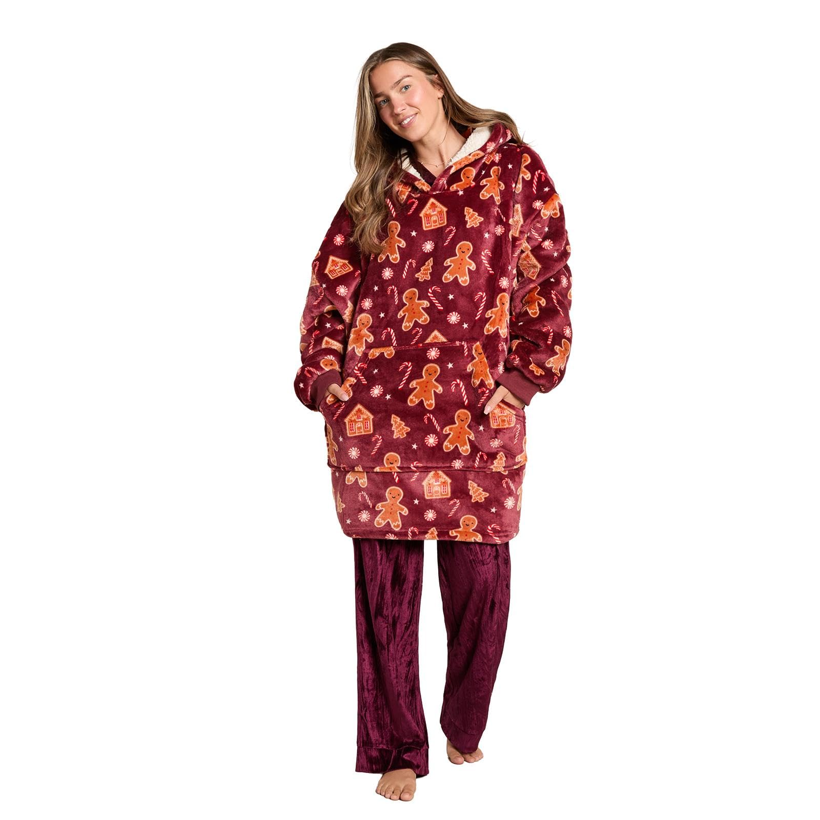 OHS Xmas Gingerbread Hoodie Blanket Sherpa Lined Wearable Blanket, Burgundy