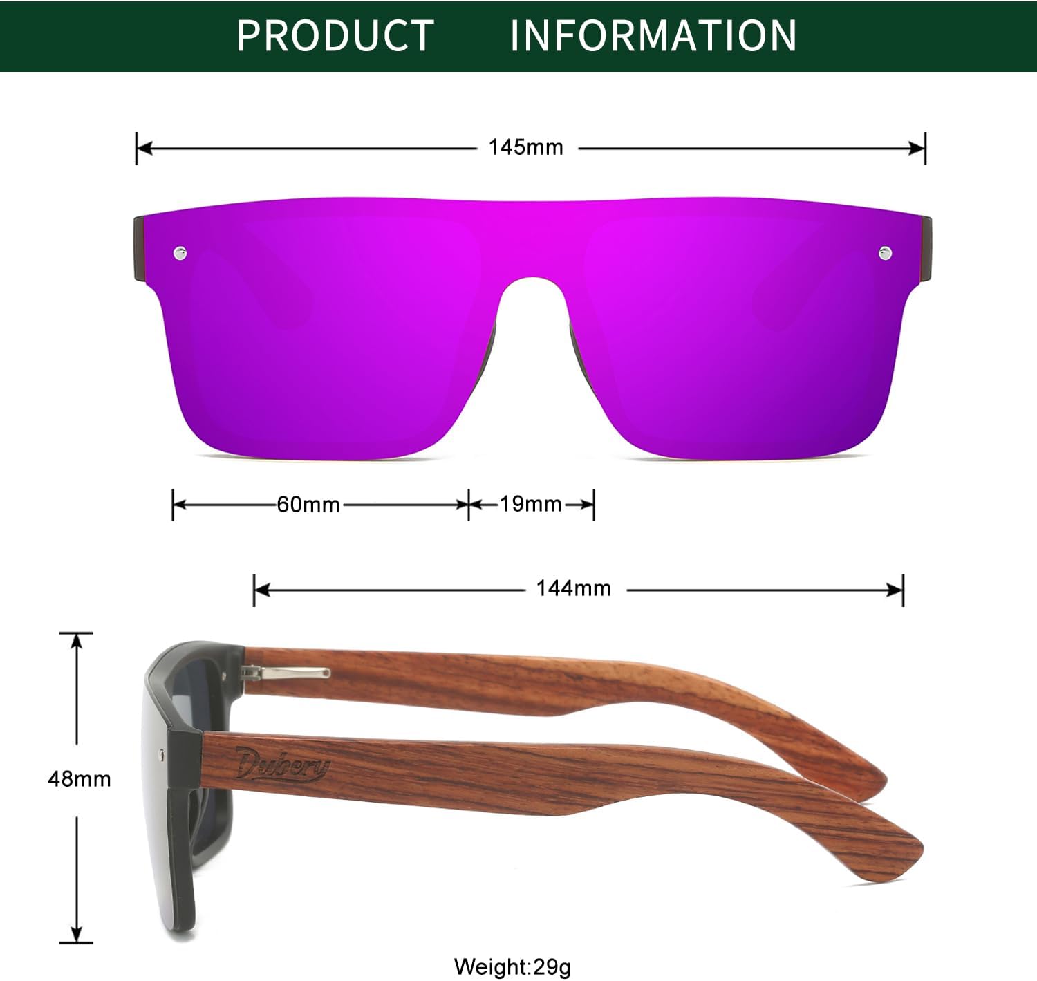 DUBERY Trendy Rimless Wood Sunglasses Polarized Flat Top Sun Glasses with Wooden Temple D219