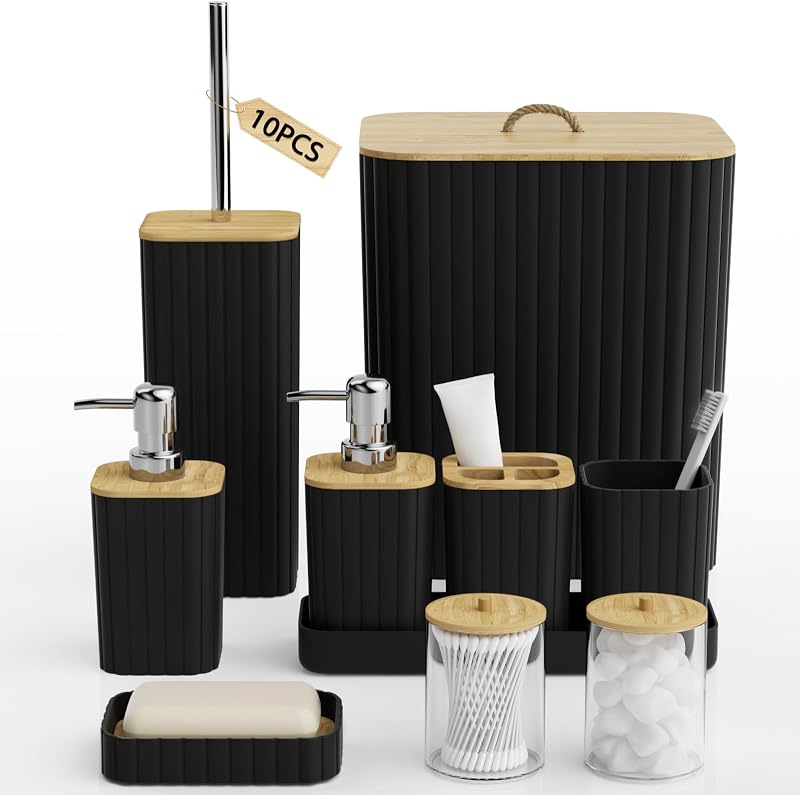 Juego de accesorios de baño: juego de baño de 10 piezas, juego de baño negro, juego de accesorios de baño, cepillo para inodoro, bote de basura para baño y dispensador de jabón