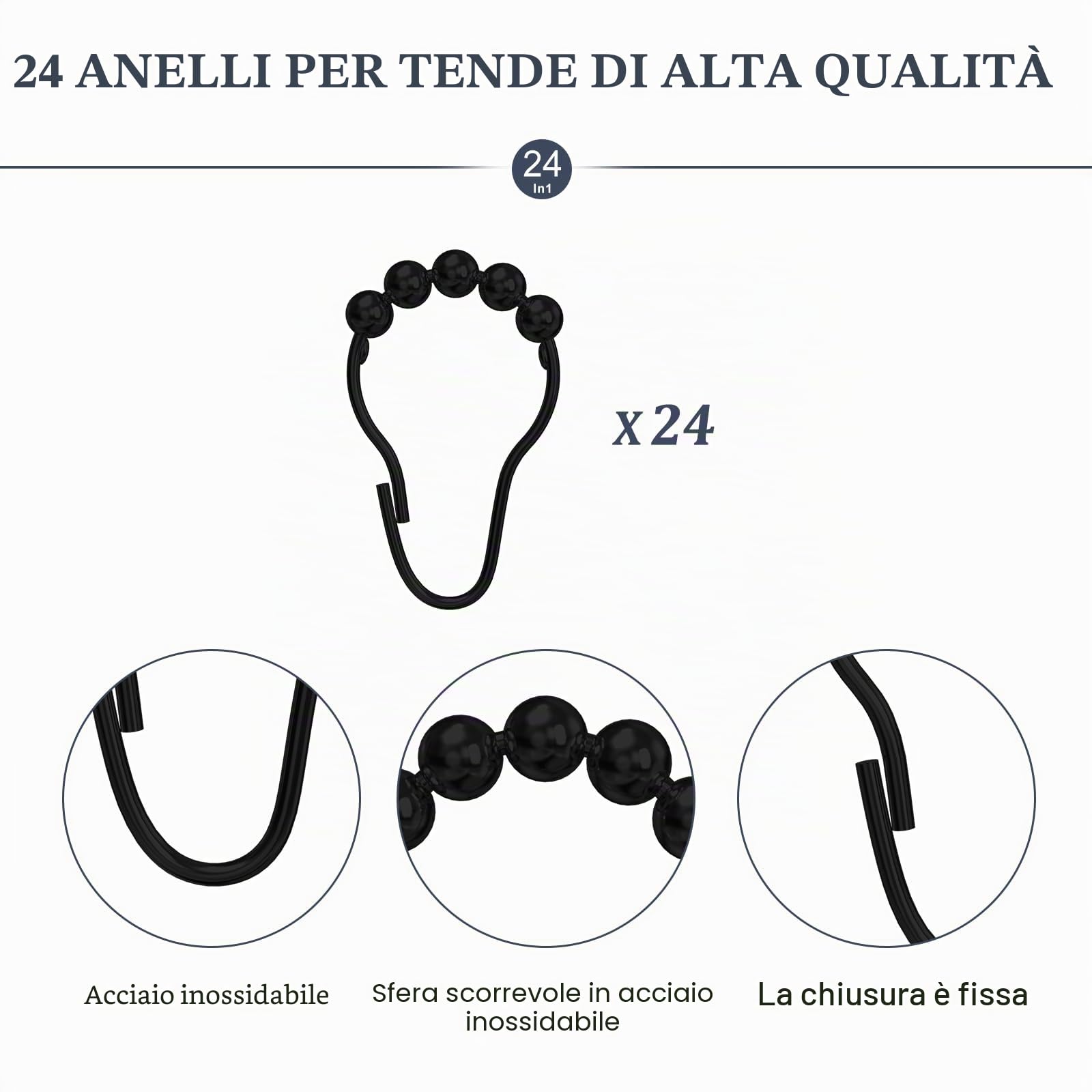 Asta Tenda Doccia Angolare 2 in 1 Forma U o L, Bastone Doccia Estensibile in Acciaio Inox 304, Binario Regolabile per Tenda Vasca e Spogliatoio, Carico 25kg, con 24 Ganci, Nero