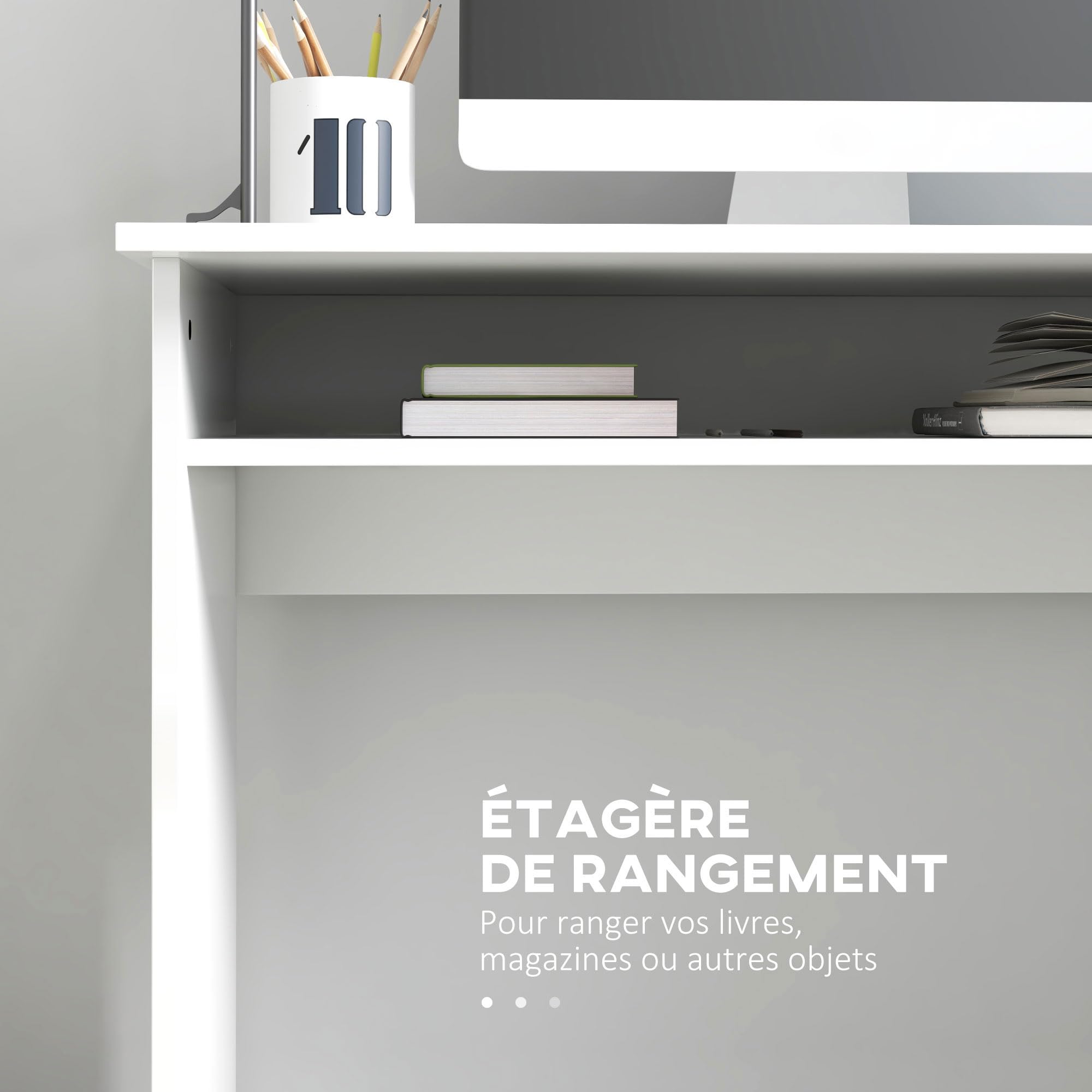 HOMCOM Bureau Informatique avec 1 Étagère 90l x 50P x 74H cm Blanc Laqué