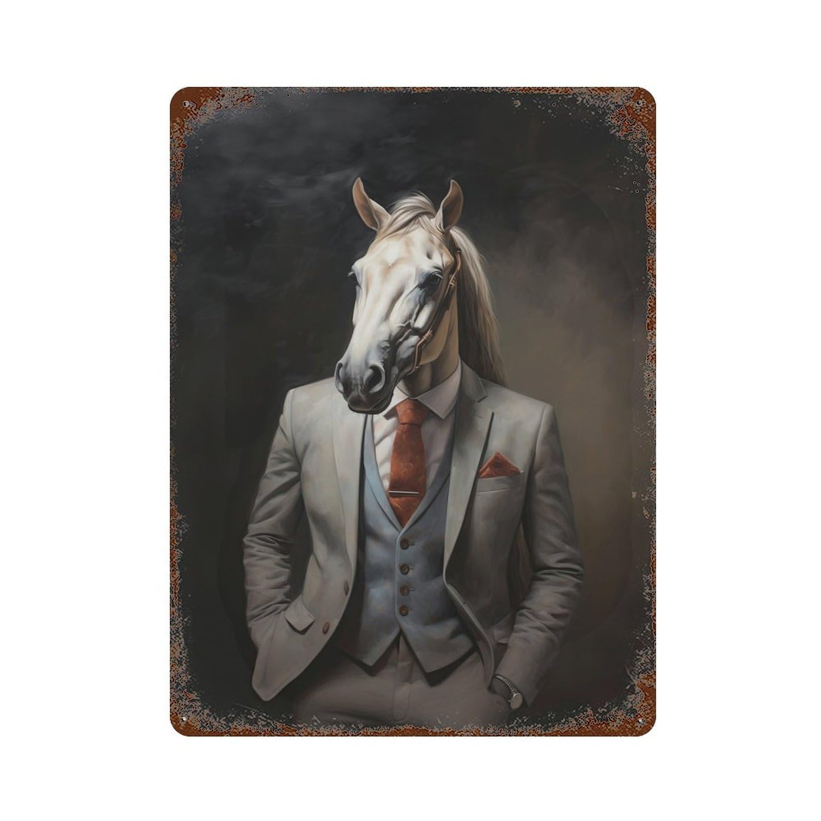 Rust Effect Horse in A Suit Rusty Metal Tin Sign 15.7"x11.8", Farmhouse Wall Decor for Shed, Workshop And Garage Wall Decor