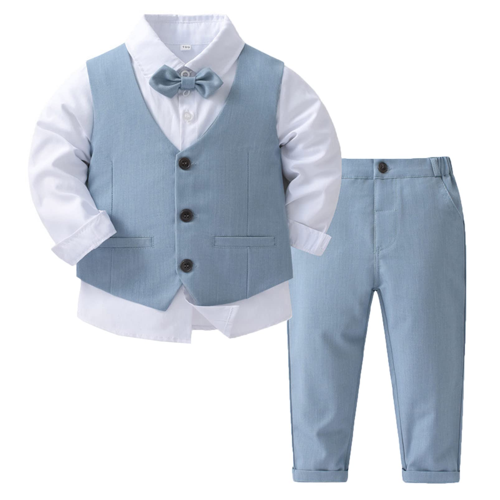 Aislor Costume de Baptême Gentleman Enfant Garçon Fille Chemise Blanc + Cravate Fleuri +Gilet + Pantalon Garcon Tenu Formel Manche Longue 4 Pièces 12Mois-8 Ans