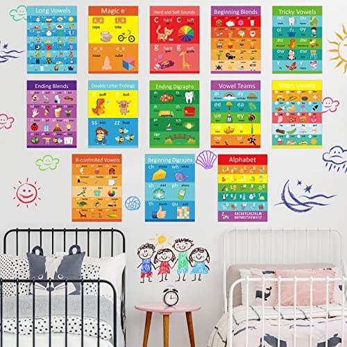 Eersida 13 Pcs Phonics Vowels Chart Posters Educational Alphabet Poster for Toddler Kids Alphabet Letters for Wall English Learning Poster Phonics Blending Chart for Classroom Wall Bulletin Board - Image 5