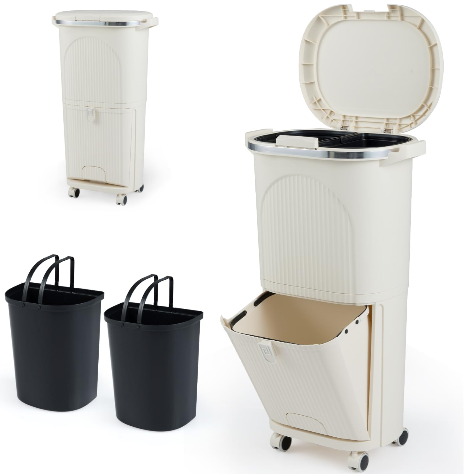 TANGZON Recycling Bins, 38L/43L Trash Can Garbage Bin with 3 Compartments, Wheels, Retractable Pedal, Handles & Stickers, 2 Tier Vertical Waste Separation System for Home Kitchen (Beige, 38L, 1 Lid) — image 1