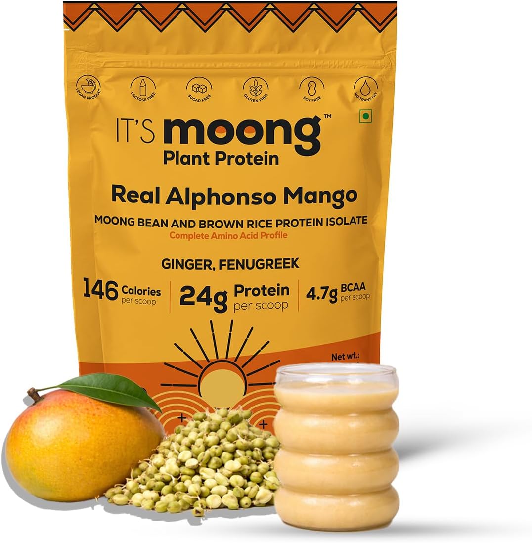 It's Moong Mung Bean & Brown Rice Isolate Protein | 24gms per Serve 4.7gms BCAA| Real Alphonso Mango | 500gms | Sprouted Plant Protein | Easy on the Gut, Easy Digestibility