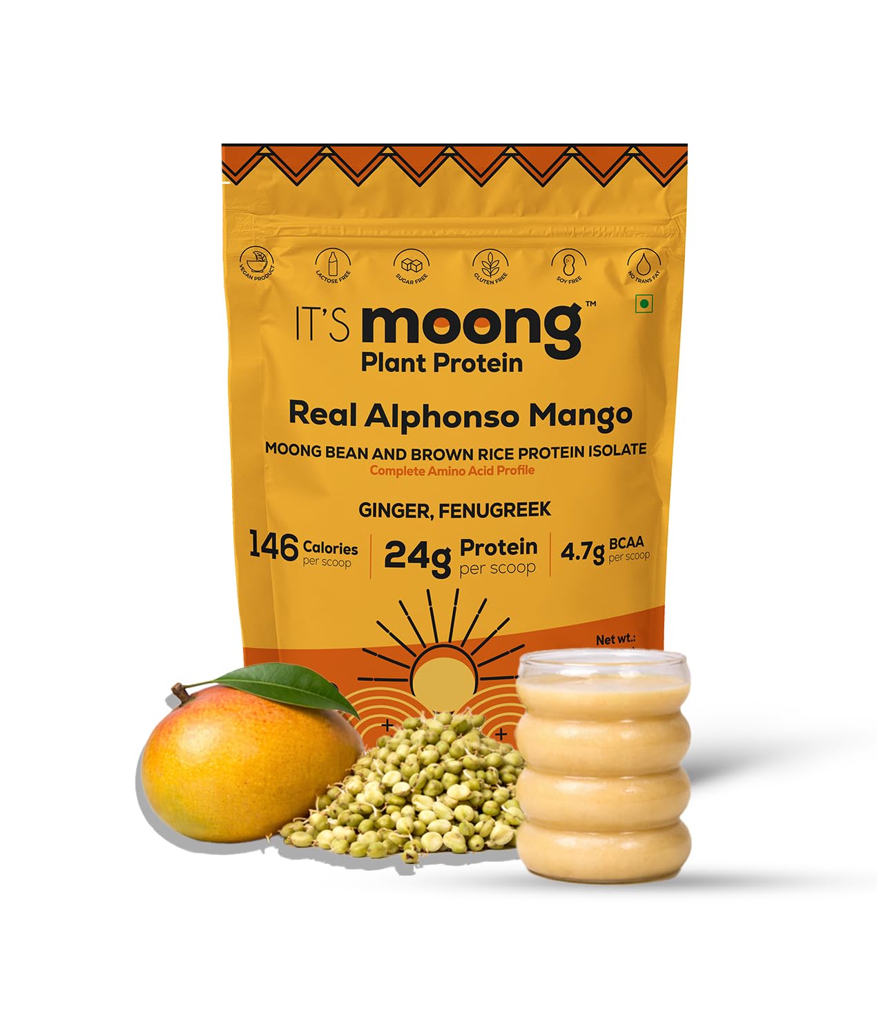 It's Moong Mung Bean & Brown Rice Isolate protein | 24gms per serve 4.7gms BCAA| Real Alphonso Mango | 500gms | Sprouted Plant protein | Easy on the gut, easy digestibility | All essential Amino Acids-image-12