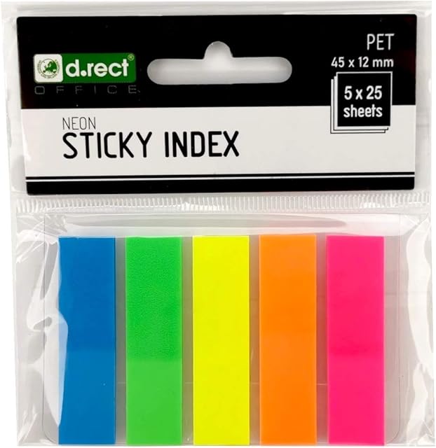 D.RECT Adhesive Strips Page Marker Index Sticky Marker Film Text Strips PET Film 45 x 12 mm 5 x 25 Strips 800084 Multicolor
