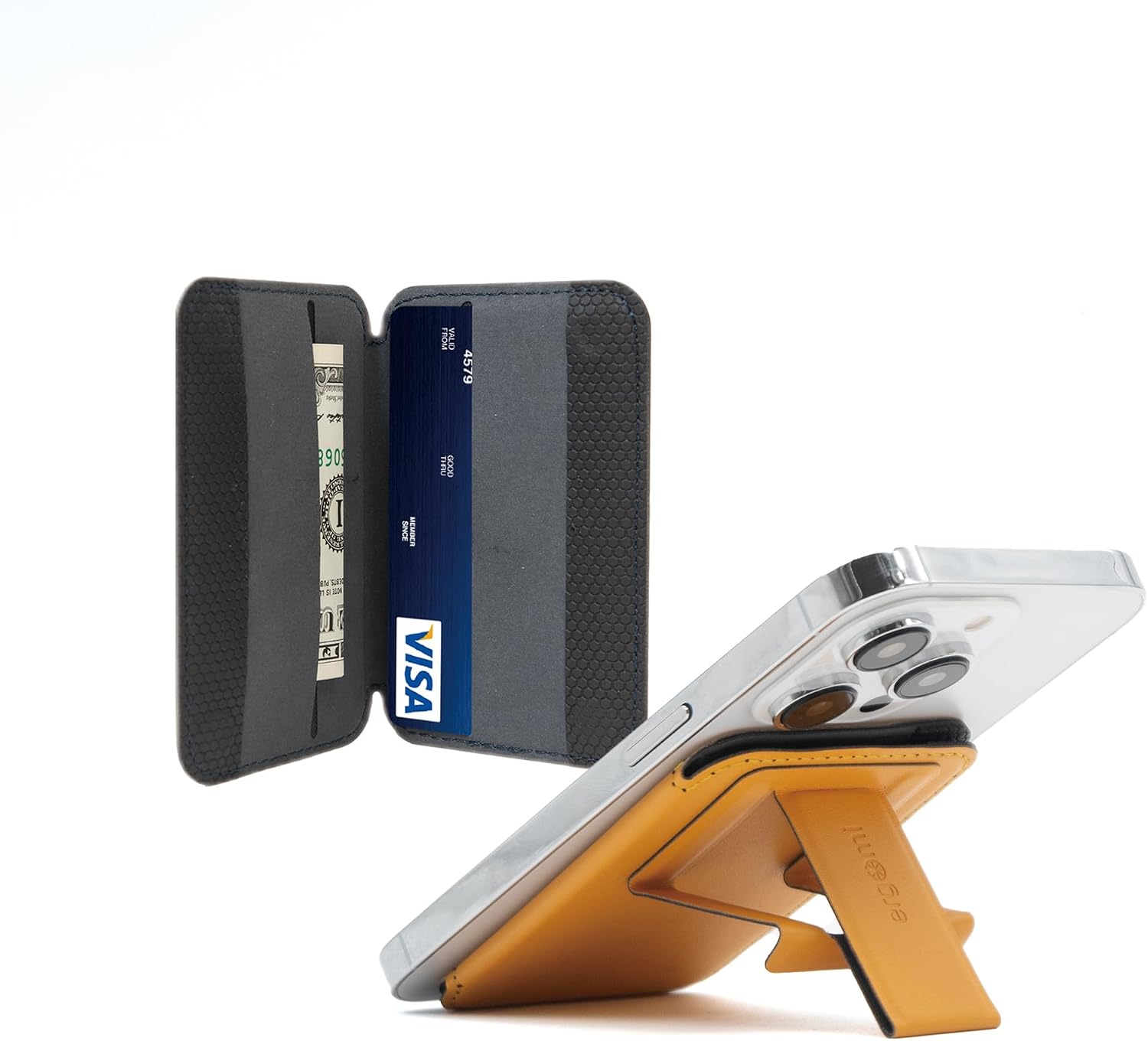 Magnetic Phone Flip Wallet Stand, Compatible with MagSafe Wallet, for iPhone 16/15/14/13/12 Series, Phone Stand with 3 Viewing Angles, MagSafe Rings Included, 4 Cards Holder, Hercules+, Yellow