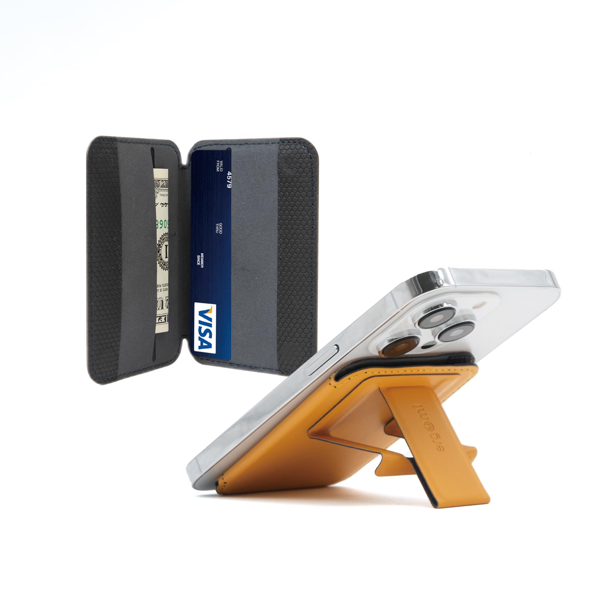 ergomi Magnetic Phone Flip Wallet Stand, Compatible with MagSafe Wallet, for iPhone 16/15/14/13/12 Series, Phone Stand with 3 Viewing Angles, MagSafe Rings Included, 4 Cards Holder, Hercules+, Yellow