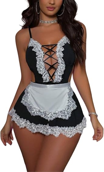 Women's Sexy Cosplay Lingerie French Maid Costume Lace Trim Cut Out Deep V Mini Dress Backless Lace up Babydoll Cosplay Halloween Roleplay Nightwear Fancy Servant Apron Dress