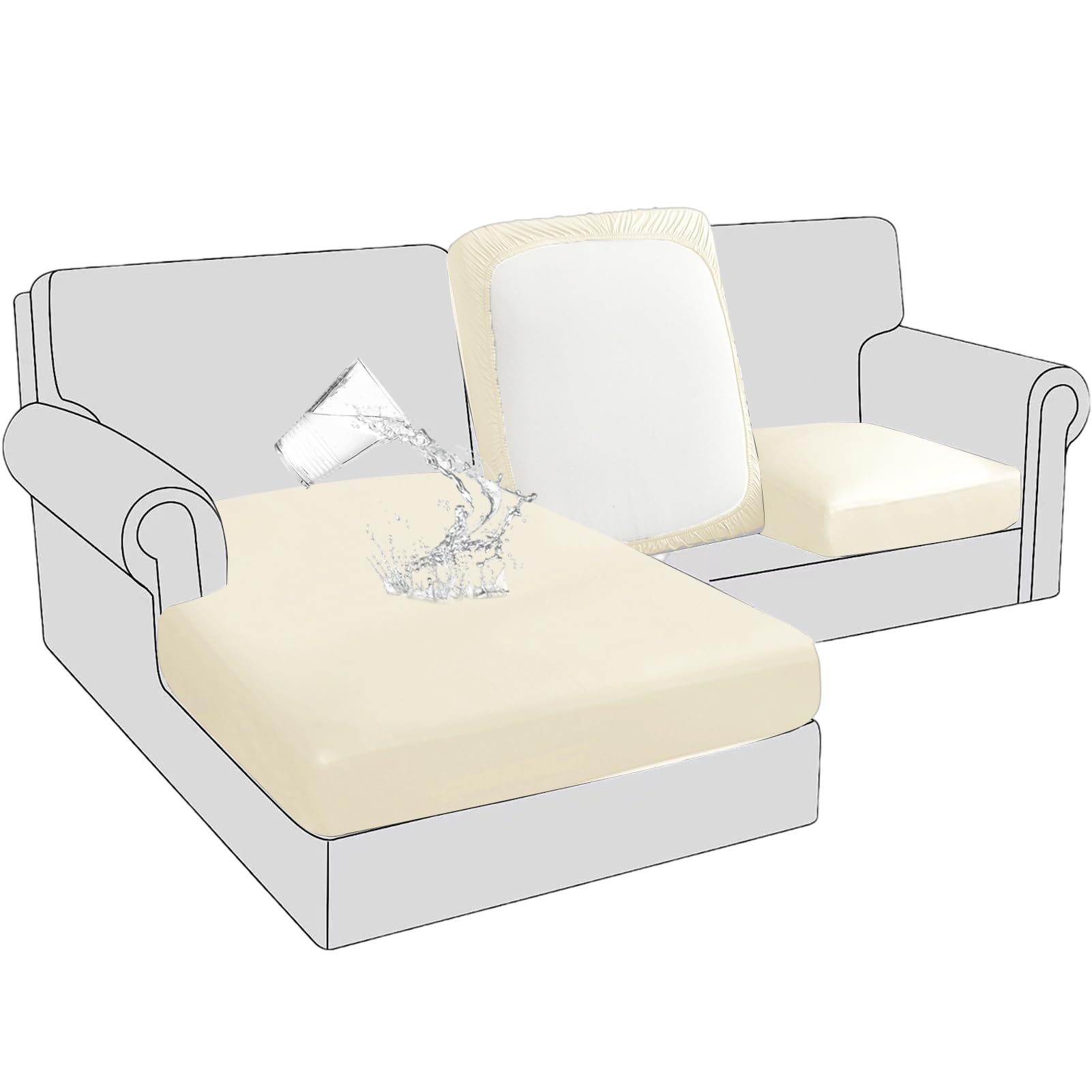 BXFUL PU Sofa Seat Cushion Covers Leather Seat Cushion Protector Waterproof Furniture Protector Sofa Seat Sofa Slipcover with Elastic Bottom (3-Seater,Beige) — image 1
