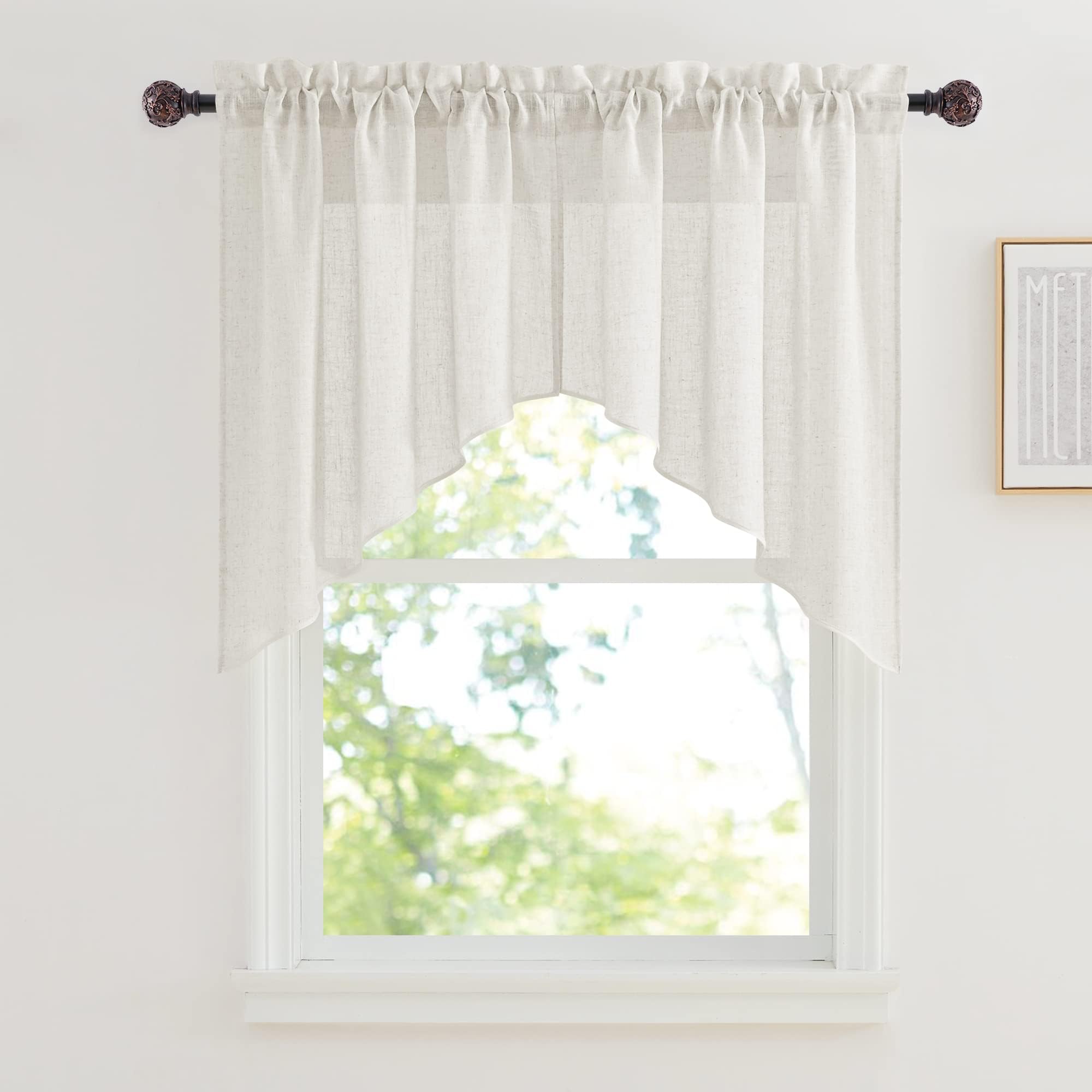 RYB HOME Window Topper Curtains - Linen Sheer Window Toppers Swag Curtains Simitransparent Sheer Valances for Bedroom Cabinet Kitchen, Linen, 36 x 36 inch Long, 2 Panels