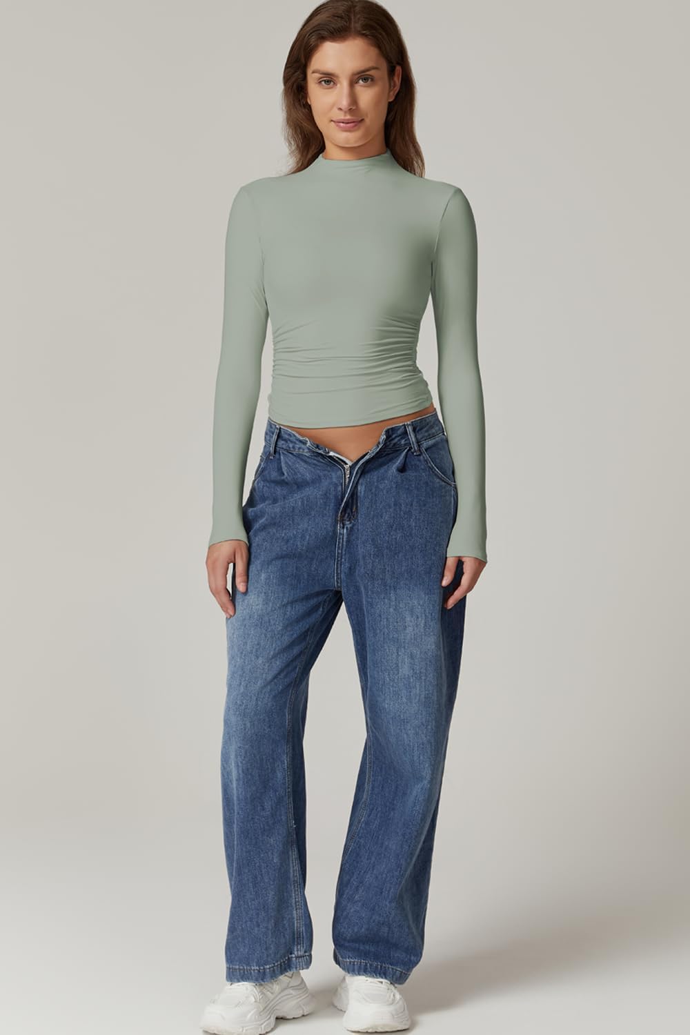 QINSEN Womens Mock Neck Long Sleeve Shirt Double Lined Basic Tees Side Ruched Going Out Crop Tops - Image 5