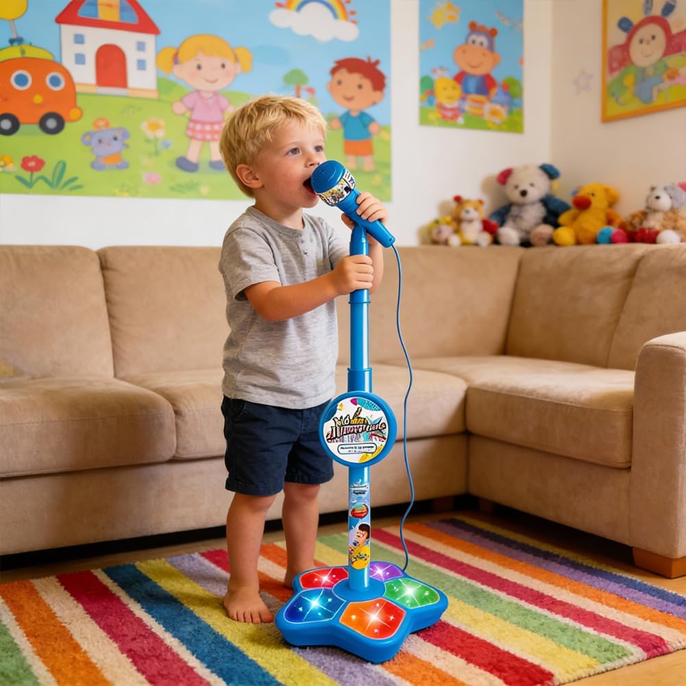 2026 New Star Microphone with Stand, Built-in Music & Colorful Lights, Echo Effects Portable Karaoke Machine, Kid-Friendly Singing Toy for Music Play (Blue)