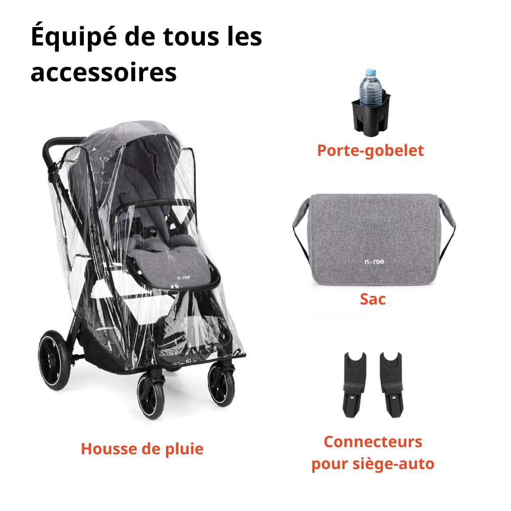 Nurse Wander Trio Poussette Bébé 3 en 1, Nacelle, Poussette et Siège Auto i-Size, Pliage Compact, avec Accessoires