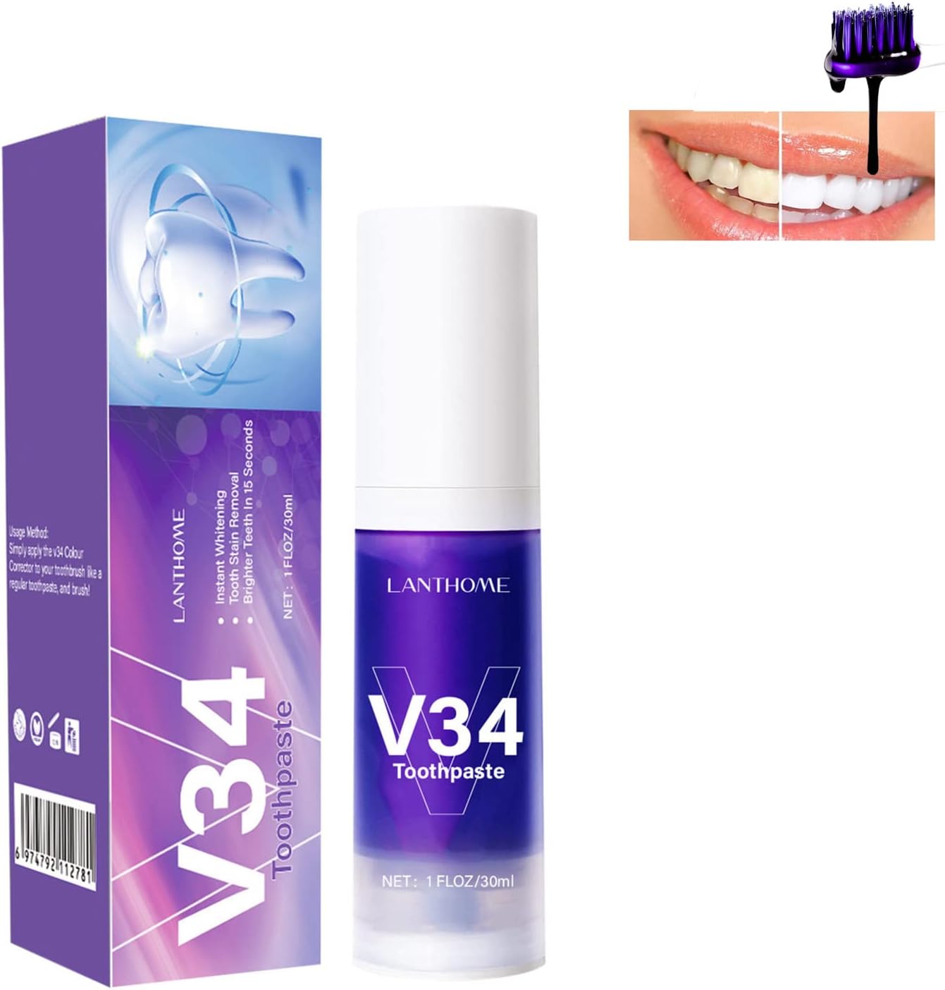 COTTNY V34 Toothpaste, Purple Corrector Toothpaste Teeth Whitening & Stain Removal, Colour Sensitive Fresh Breath (1PC)