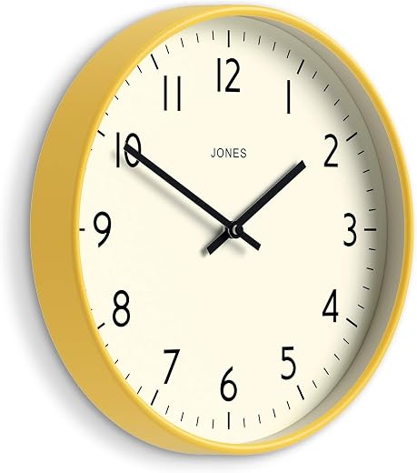 JONES CLOCKS® Studio wall Clock | Modern photo JONES CLOCKS® Studio wall Clock | Modern Round Style | 12 inch | Yellow | Easy to Read Numbers | Versatile Design for Kitchen, Living Room or Office