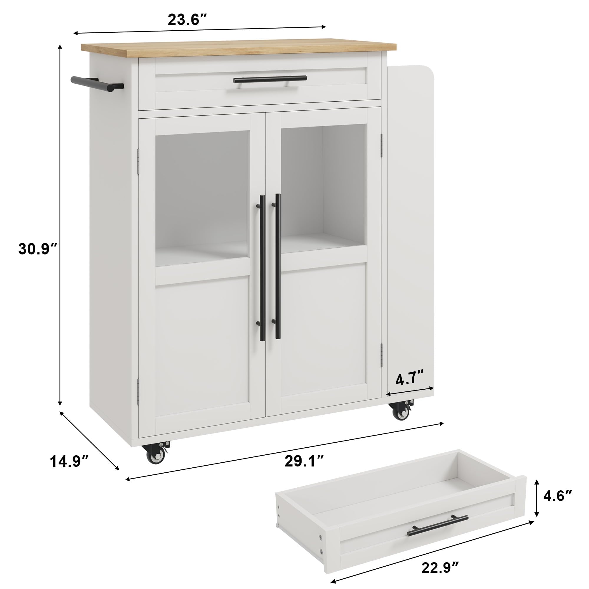 Garvee Kücheninsel mit Rollen, Küchenwagen & Servierwagen mit Glastüren, Schublade, Gewürzregal für Küche, Esszimmer & Flur, Weiß, 74 x 38 x 78,5 cm