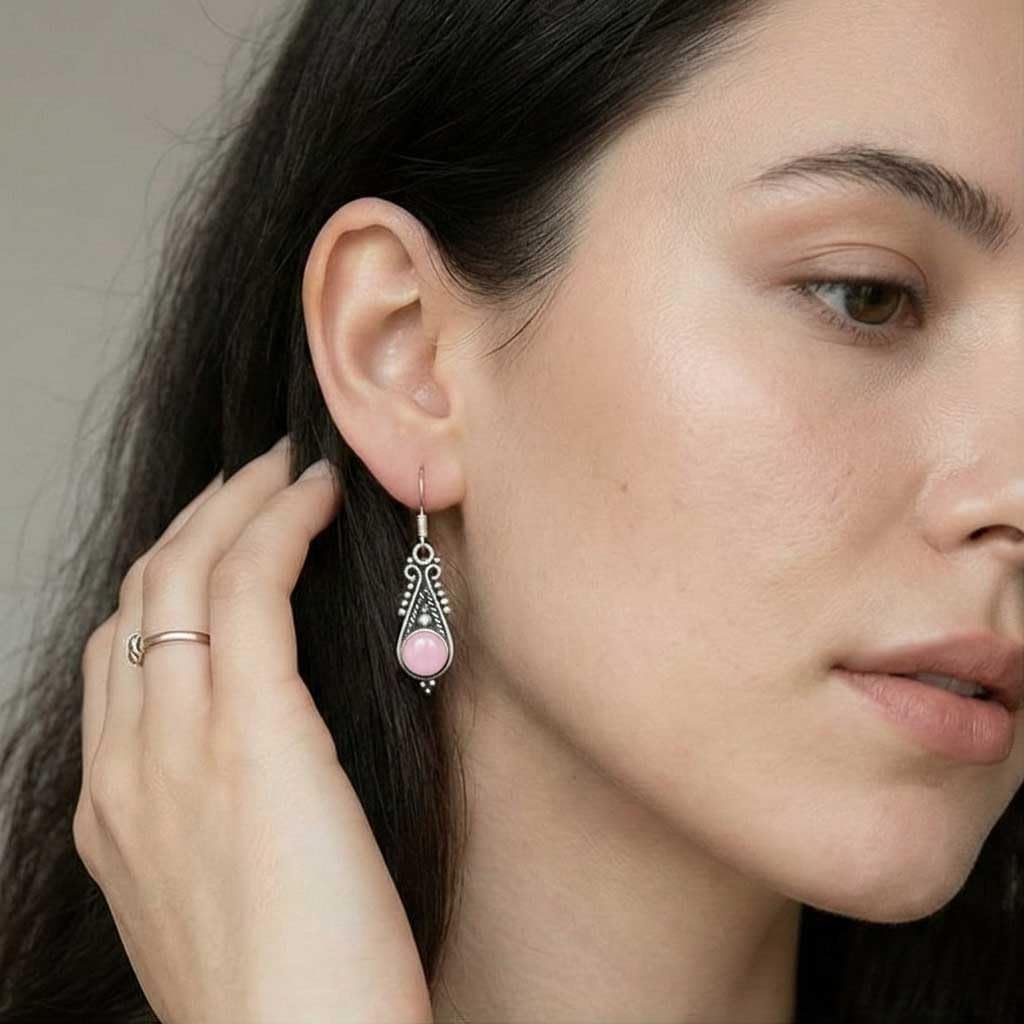 Handmade 925 Sterling Silver Plated Drop Dangle Earring Natural Gemstone Amethyst, Crystal, Turquoise, Rose Quartz Round Boho Jewelry For Women