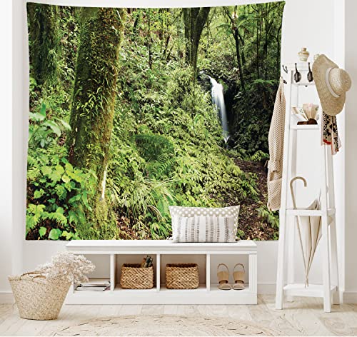 Lunarable Woodland Tapestry King Size, Waterfall In Deep Forest Scenery In The Woods Green Of Earth Covering Plants, Wall Hanging Bedspread Bed Cover Wall Decor, King Size, Forest Green #TOP1