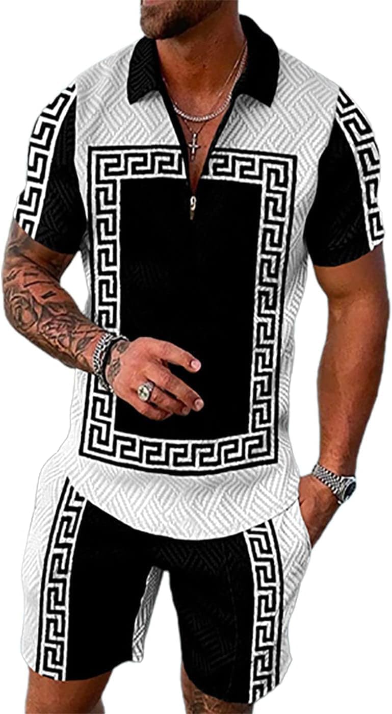 Mens Short Sets 2 Piece Outfits Short Sleeve Zipper Polo Shirts and Shorts Sets Classic Gym Workout Summer Tracksuits