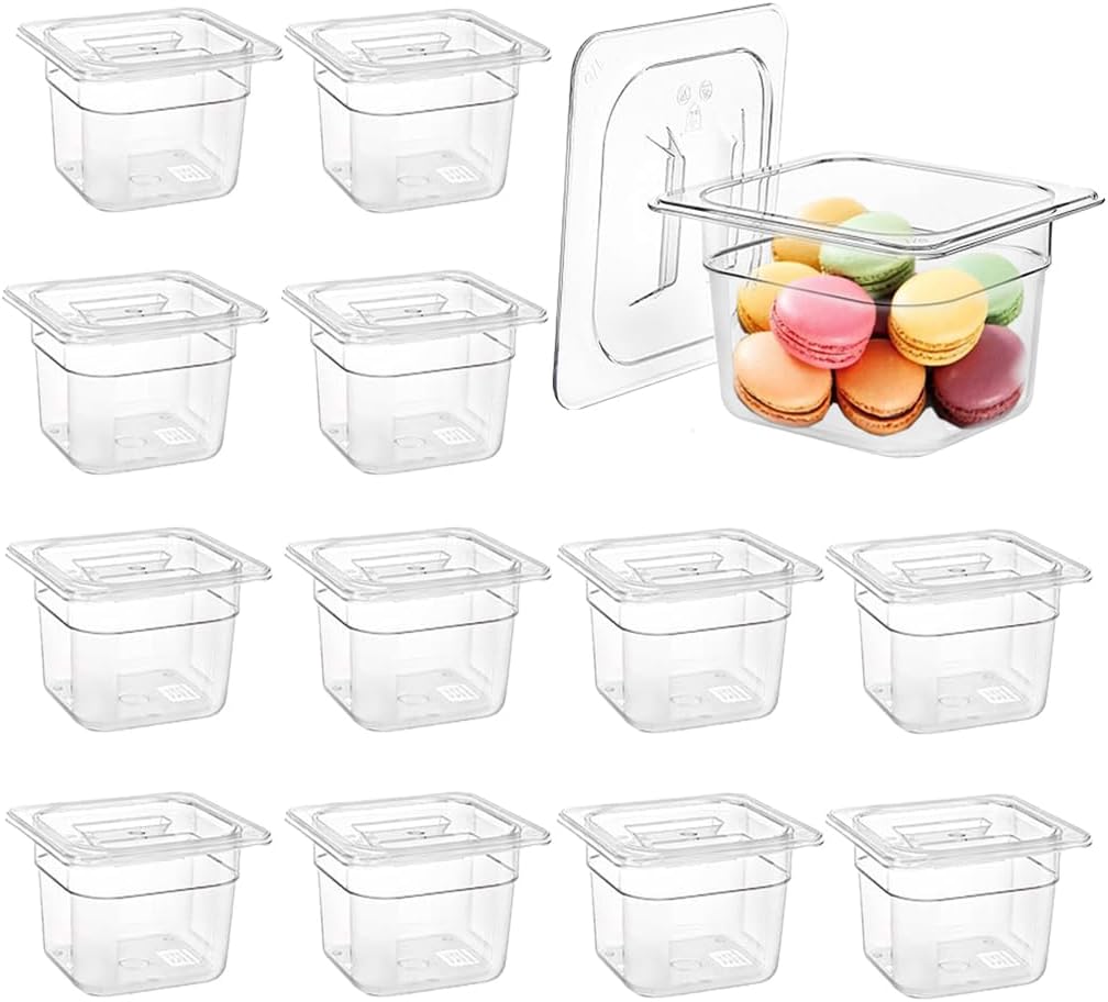 12PCS Clear Food Storage Container 1/6 Size 6 Inch Deep Plastic Food Pan with Lids Salad Bar Containers for Restaurant,Commercial,Hotel,Fruits,Vegetables,Beans