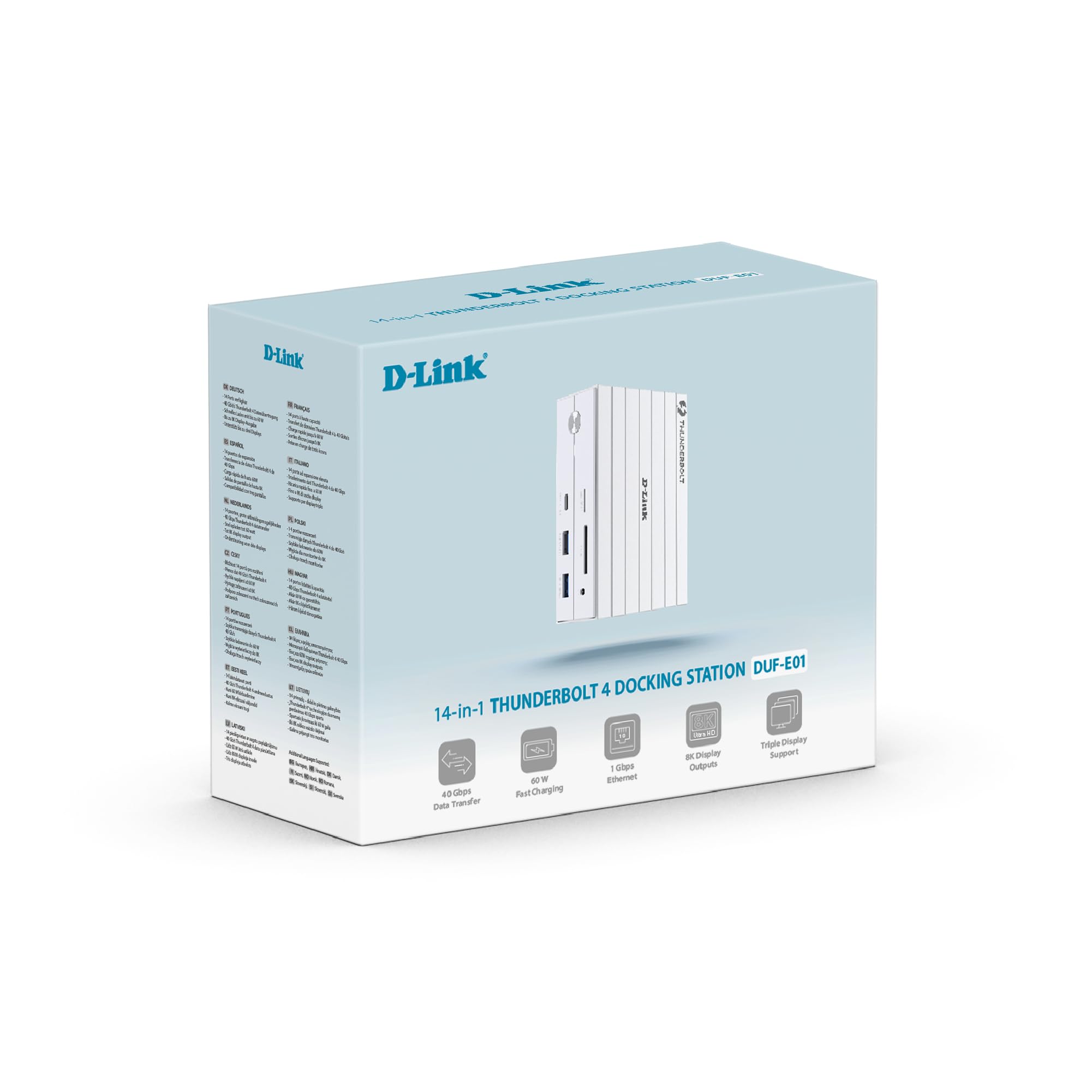 D-Link Stacja dokująca DUF-E01 Thunderbolt 4 14-w-1, potrójny wyświetlacz 8K, 40 GB/sek., ładowanie PD 60 W, HDMI 2.1, DP 1.4, Gigabit LAN, SD/microSD, Audio, Porty USB-C i USB-A - do komputerów Mac