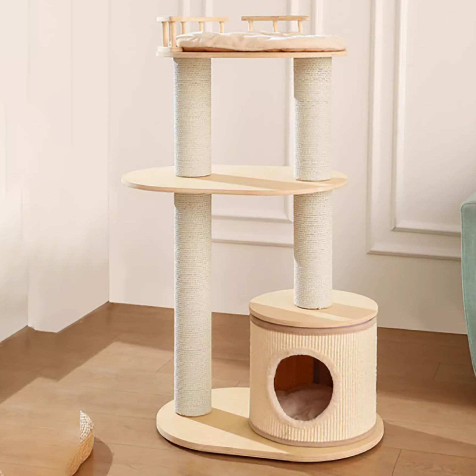 Centro de actividades para gatos, casa de juegos para mascotas con base estable, varios niveles de madera para apartamentos pequeños
