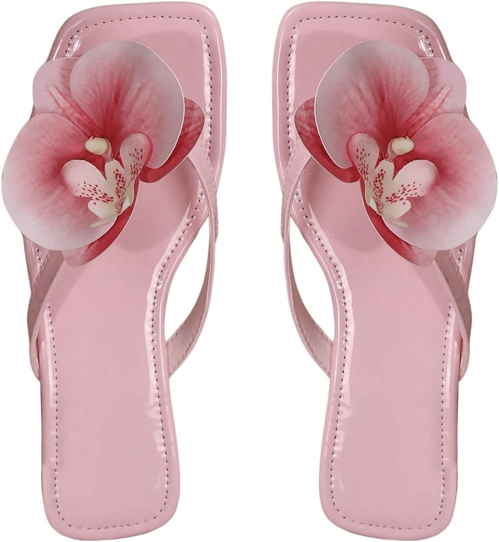 GORGLITTER Women’s Flower Flat Sandals Flip Flops Square Open Toe Summer Slide Sandals