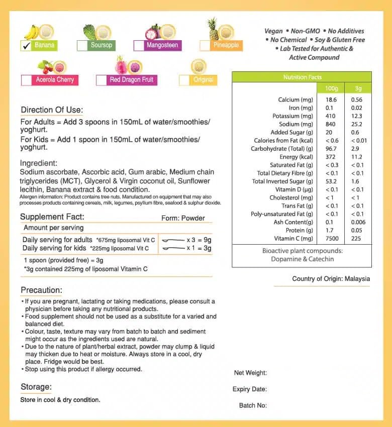 Vitamina C liposomal + polvo de extracto estandarizado de plátano - Polvo 150g 100% natural sin aditivos - Para sopa, bebidas, pastelería