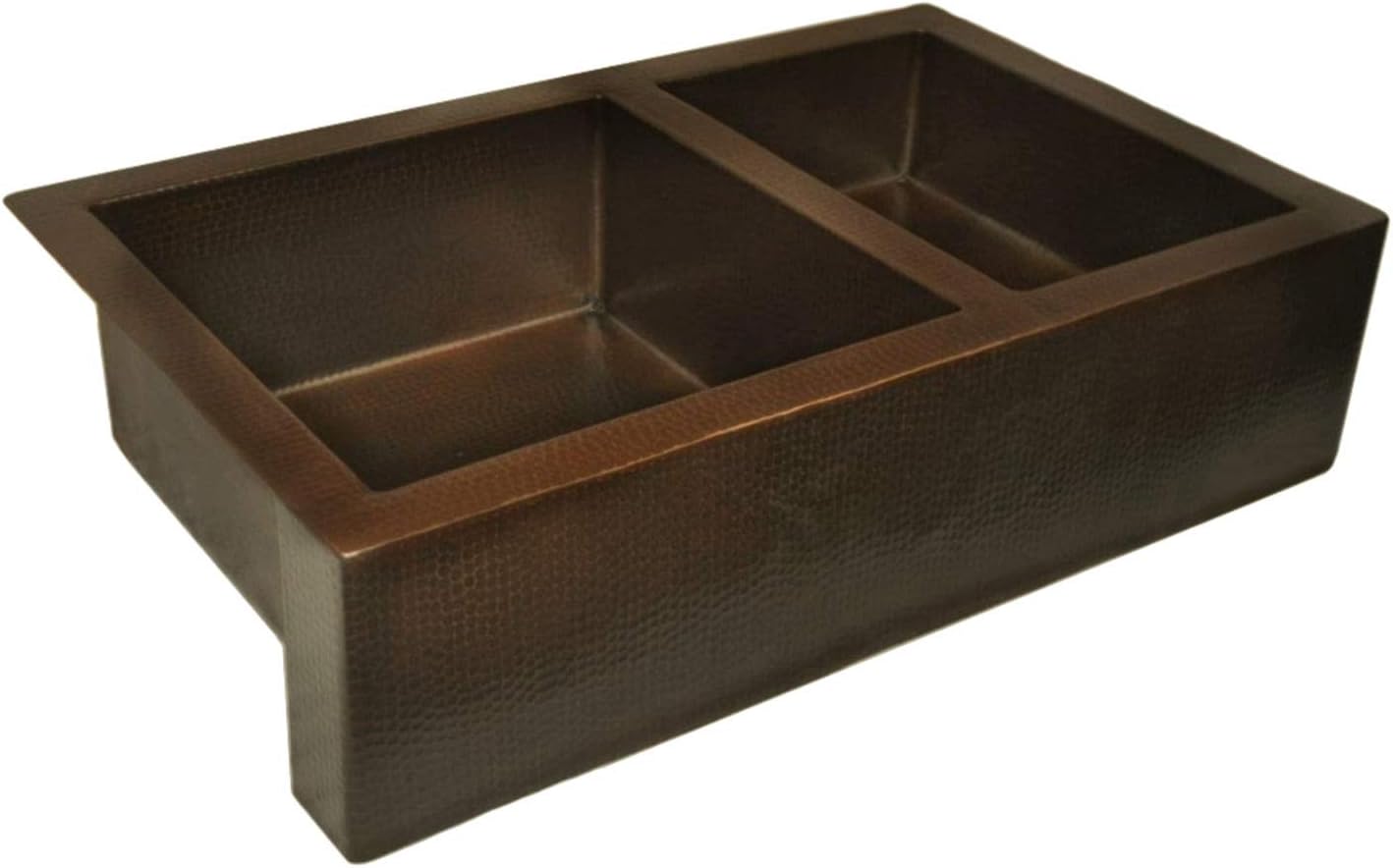 Soluna 36" Copper Farmhouse Sink 60/40 Split Basin, Dark Smoke Finish - Double Bowl Copper Kitchen Sink 60/40 - Double Well Copper Kitchen Sink with Flat Apron Front - Premium Hammered Copper Sink