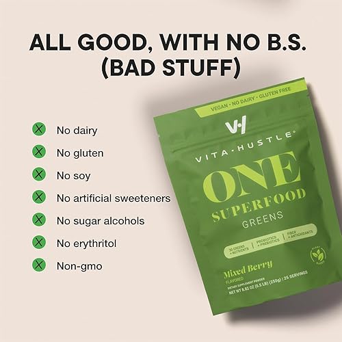 Miniatura 7 de VitaHustle ONE Superfood Super Greens Powder por Kevin Hart, Berry Favor, Prebióticos + Probióticos, Espirulina, Clorella, Enzimas Digestivas, Salud