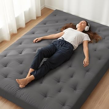ZonLi Japanese Floor Futon Mattress 100% Cotton Washable Cover Foldable | 80" x 76" King Size 6" Thick Tatami Mat Sleeping Pad, Roll Up Floor Lounger Bed for Guest, Dormitory, Camping & Travel